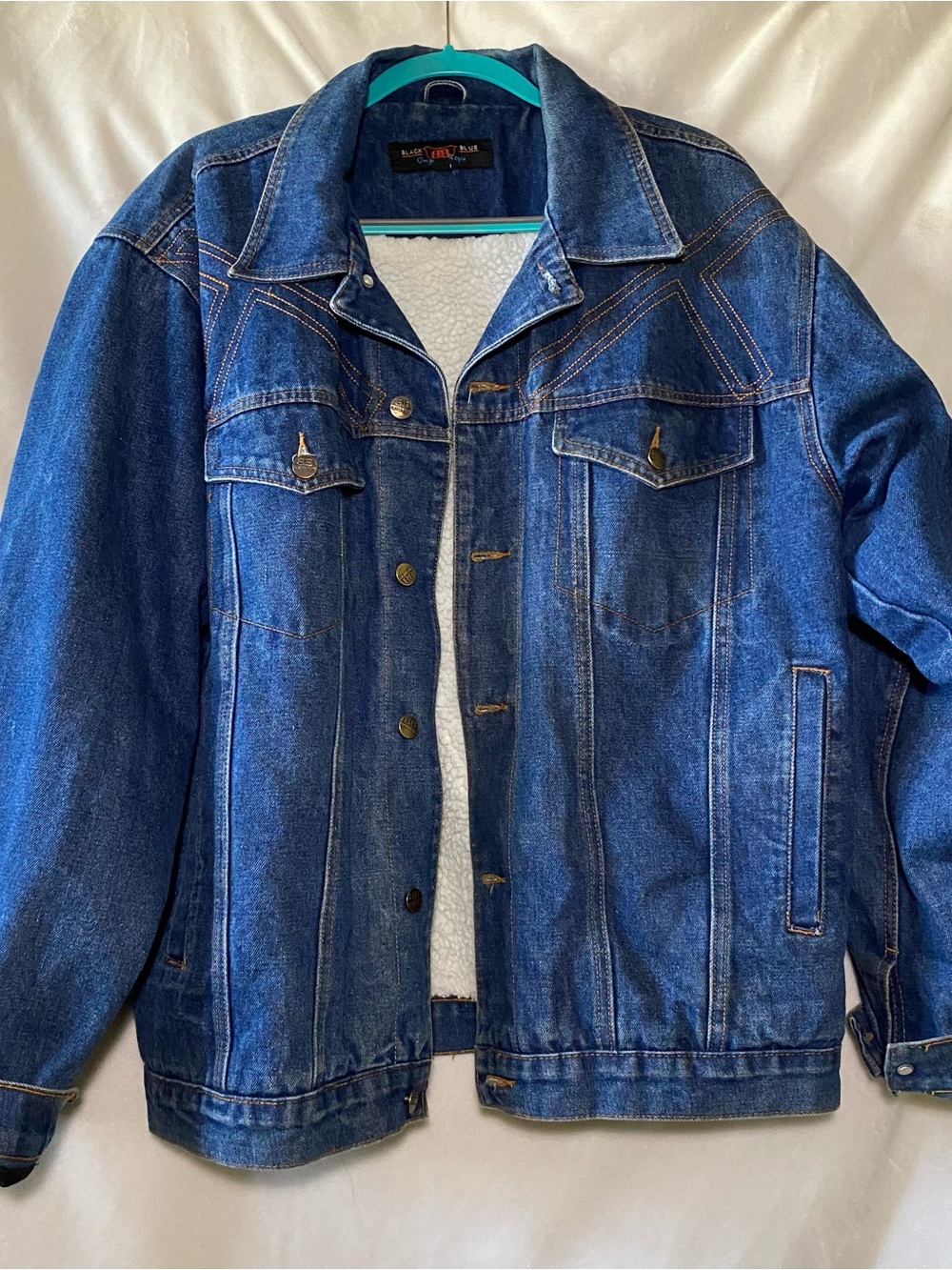 Blue Jean Gold Embroidery MEXICO 50 Pesos Oro Angel Sherpa Trucker Jacket XL
